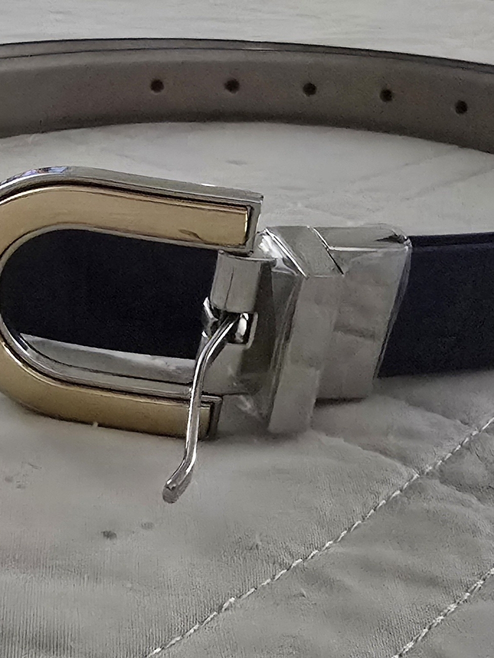 Women's Two-Tone Metal Buckle Leather Belt - Navy Blue/Tan